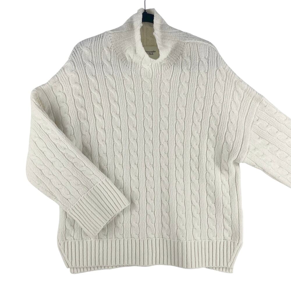 Abercrombie & Fitch Womens Easy Cable-Knit Mockneck Sweater SZ L Cream Oversized
